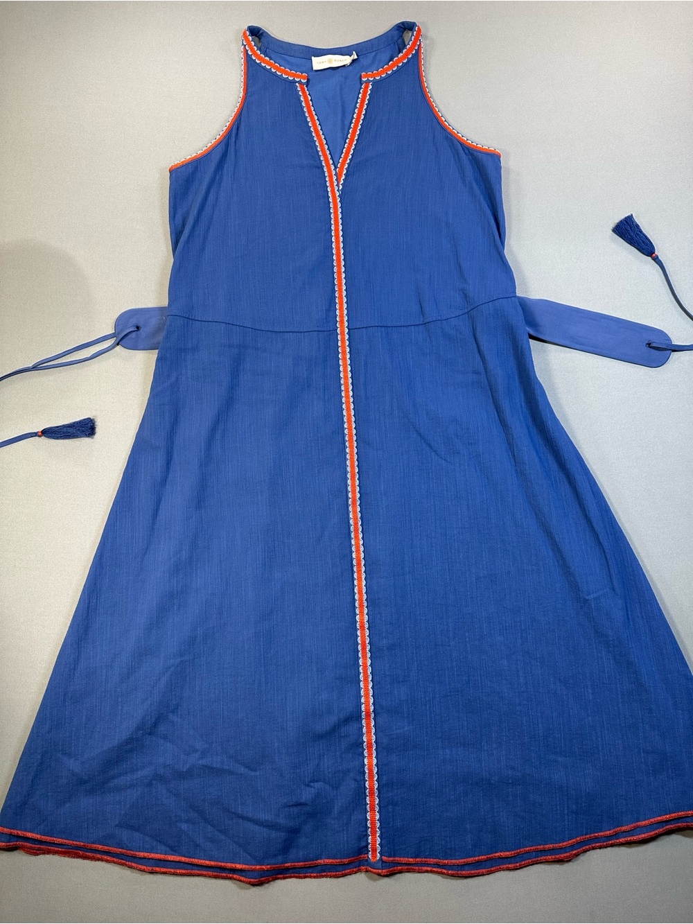 Tory Burch Savannah Crepon Embroidered Belted Midi Dress, Linen/Cotton - Women 6 - Picture 3 of 15